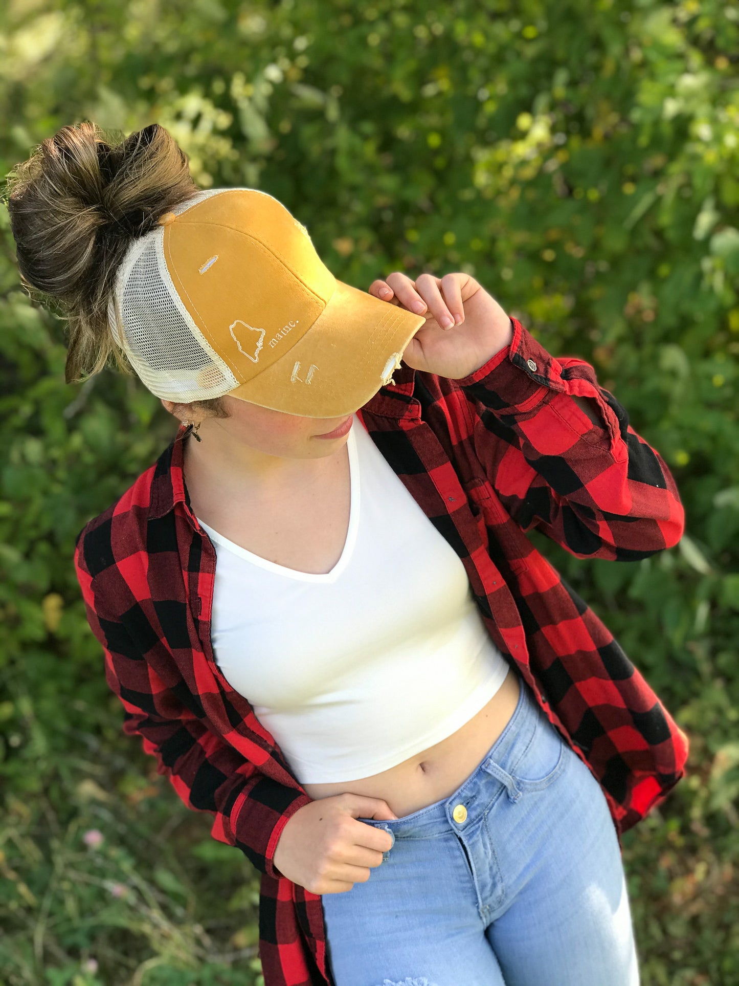 Pine Tree State Distressed Ponytail Baseball Hat